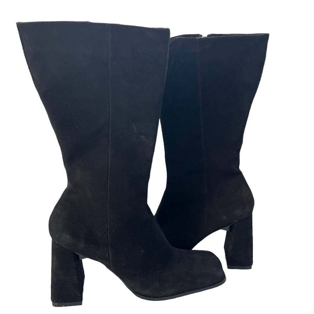 Chinese Laundry Black Suede Chunky Block Heel Calf Length Boots Size 8